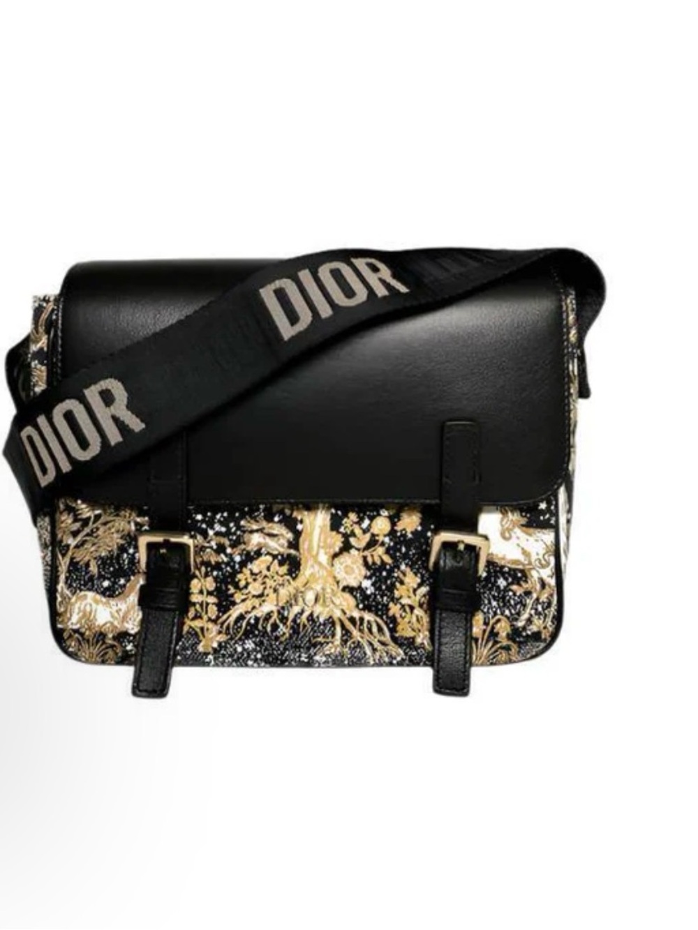 Dior Black leather Messenger Bag with Gold Magical Print and Logo Strap